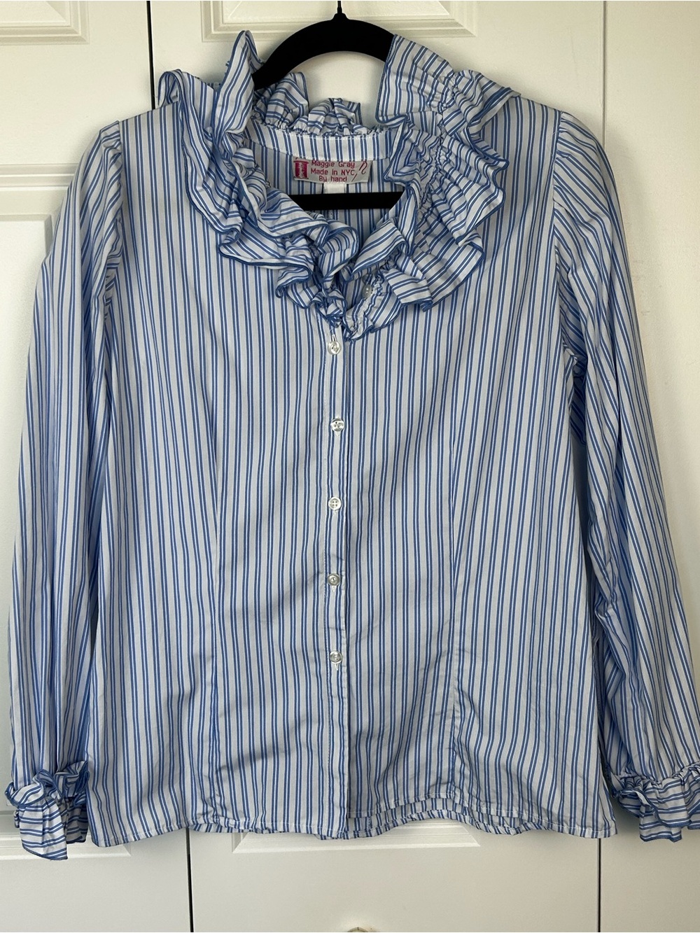 Maggie Gray Blue and White Striped Ruffle Button-Up Blouse